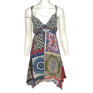 Hale Bob Dress Patchwork Silk Handkerchief Babydoll Asymmetric Hem Size Medium